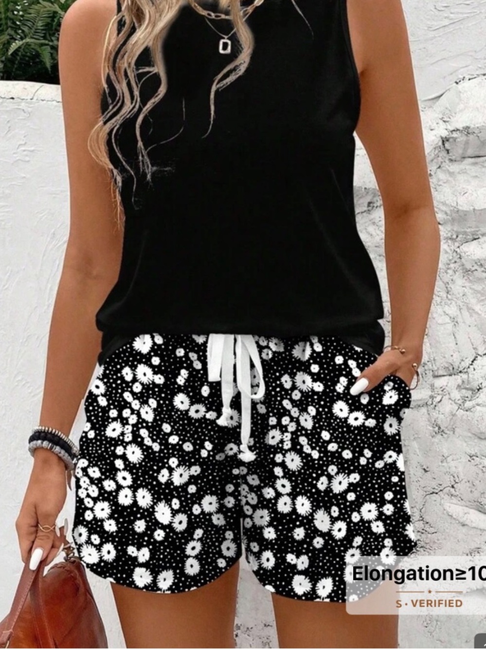 Black Daisy Print Drawstring Women's Short and Tank Top Set size Small